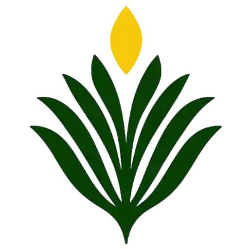 Living With Purpose logo: a green, fan-shaped plant symbol topped by a small gold flame representing insight guiding growth.