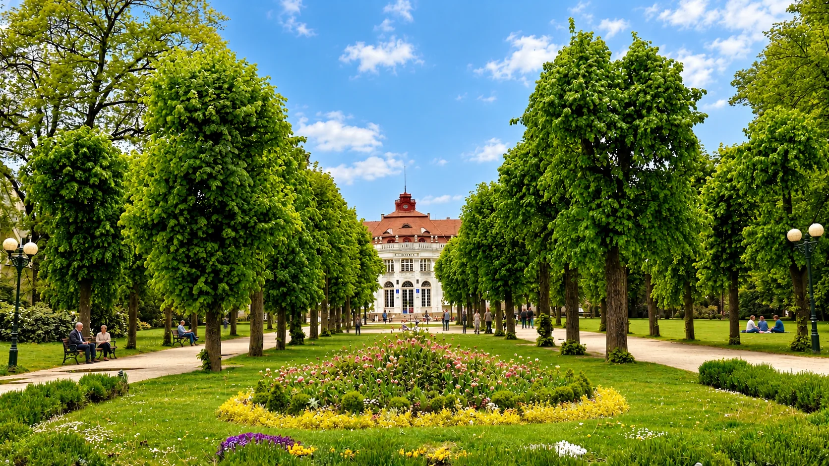 Sunlit tree-lined garden with flowering beds, people gathering on benches and lawns, and a historic building in the background.